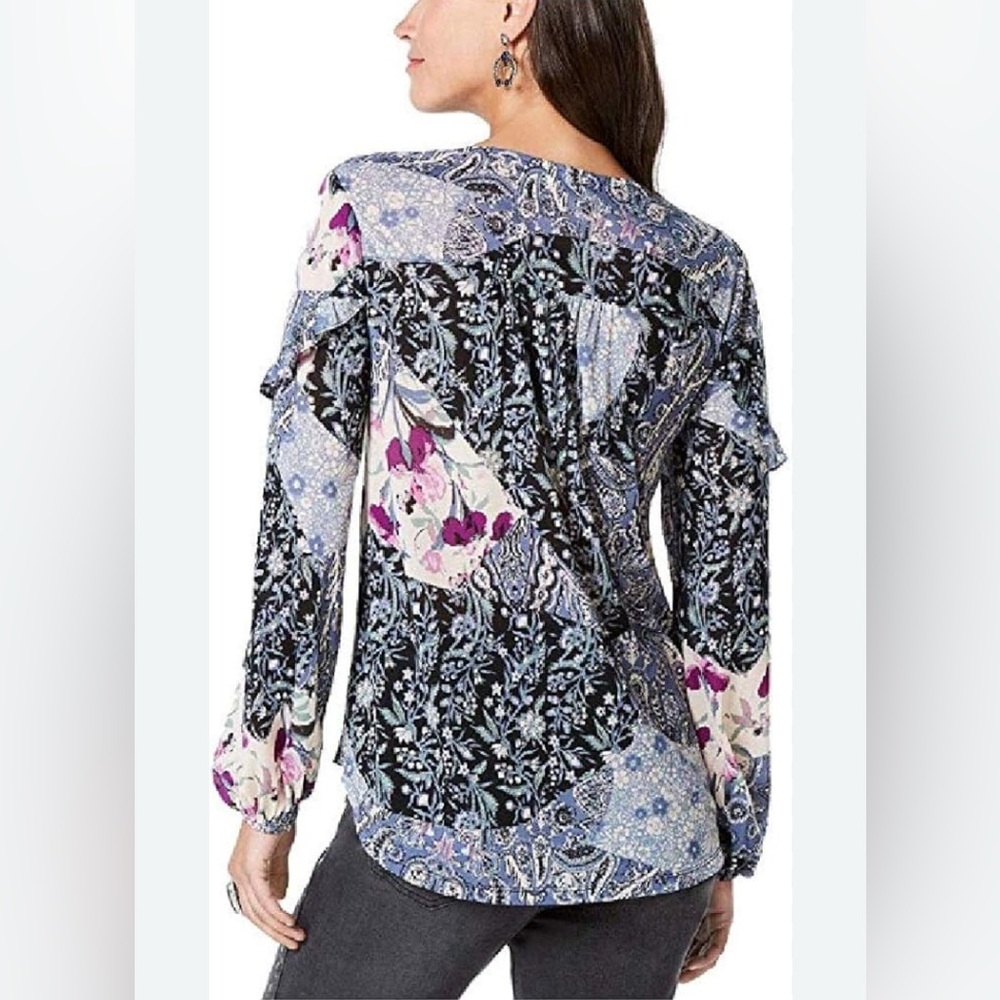 Style & Co. Printed Prairie Top BOHO Paisley Floral Ruffle Pleated Button Sz L - Picture 3 of 12
